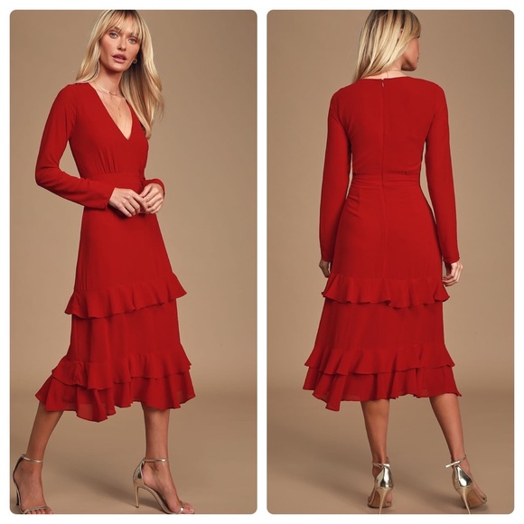 Lulus Dresses & Skirts - Lulu’s Ladies Red Ruffled Long Sleeve Midi Dress